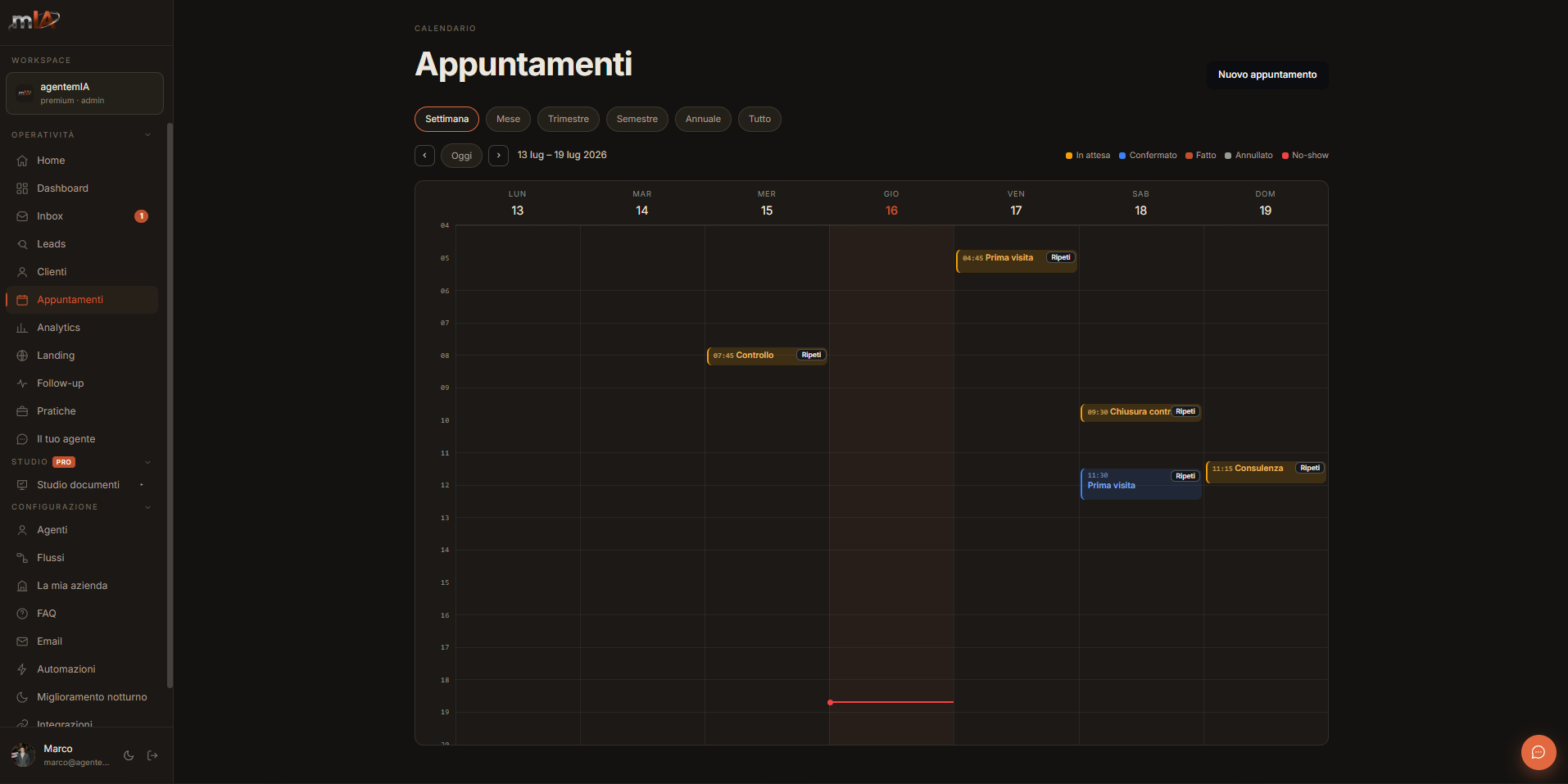 Console agentemIA: calendario appuntamenti settimanale con stato di ogni prenotazione