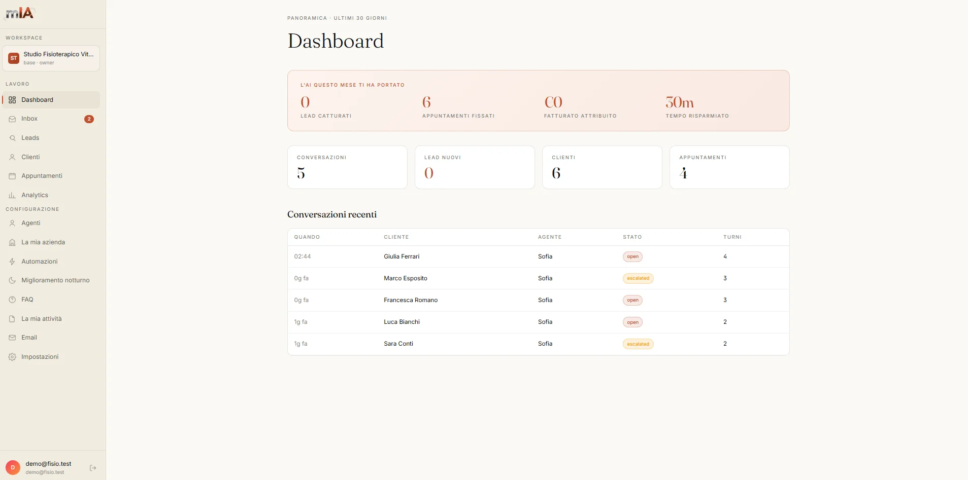 Console agentemIA in italiano: dashboard con metriche, conversazioni recenti e miglioramento notturno