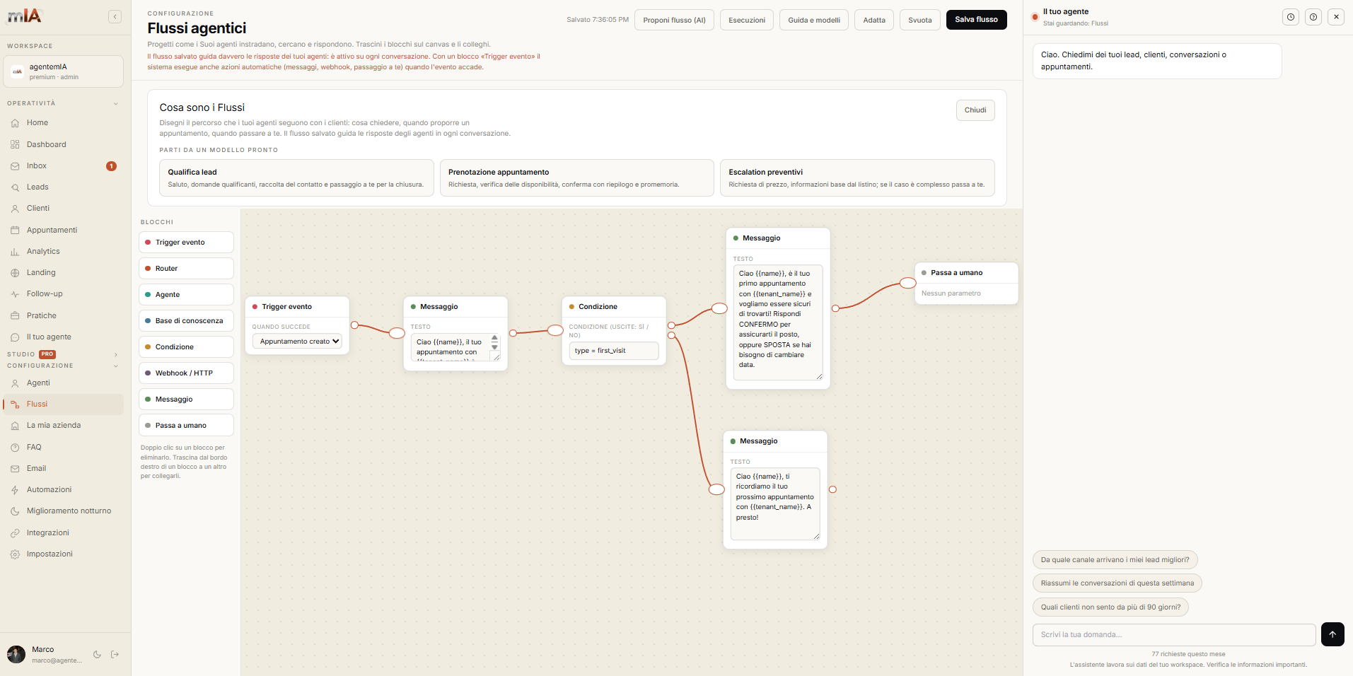 Console agentemIA: editor di flussi agentici con trigger, condizioni e messaggi collegati visivamente