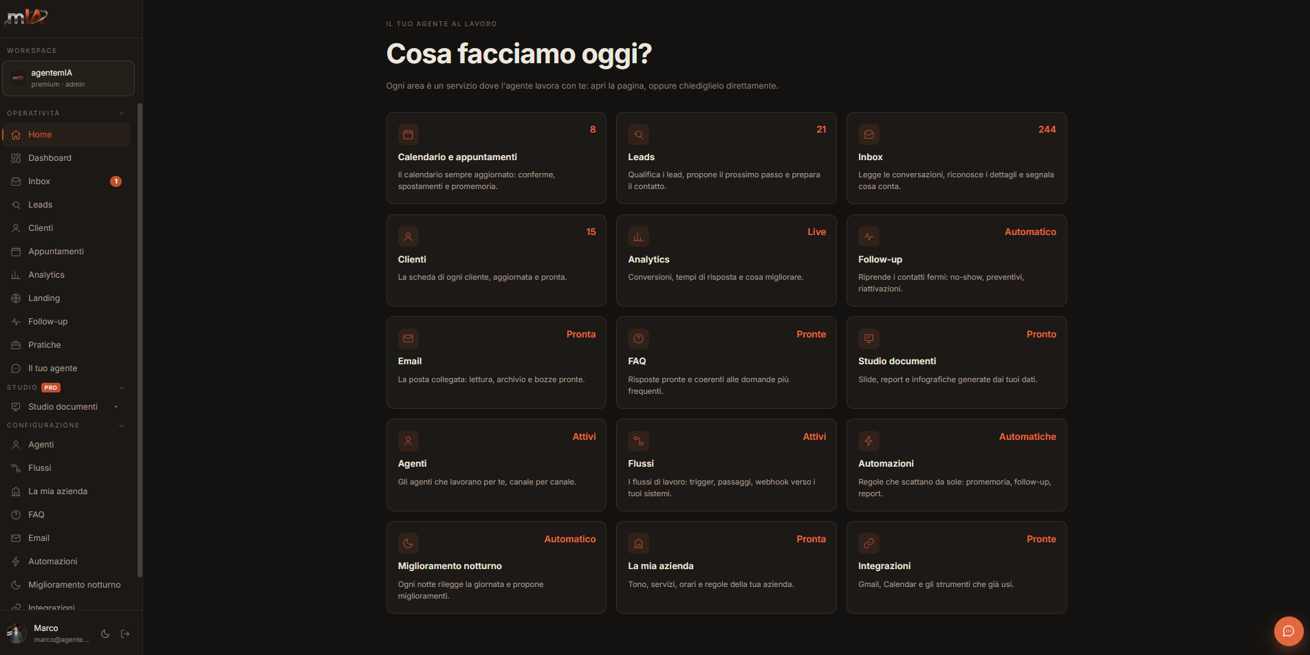 Console agentemIA: home con tutte le aree, dalla posta ai flussi automatici