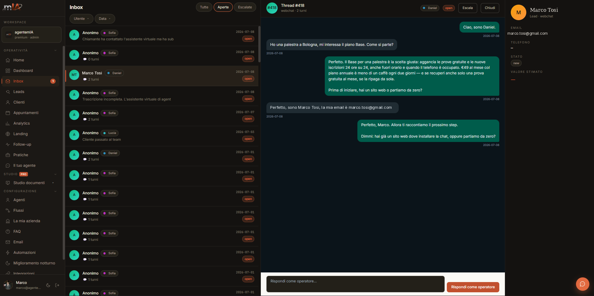 Console agentemIA: Inbox unica con conversazione live e dettagli del contatto
