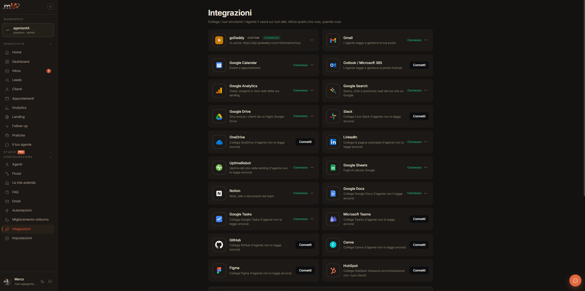 Console agentemIA: Integrazioni con Gmail, Google Calendar, Google Analytics, Drive e altri strumenti collegabili