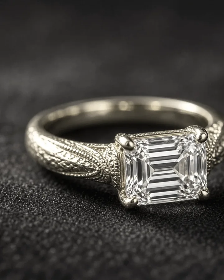 Anello Meridian in oro bianco con diamante taglio smeraldo