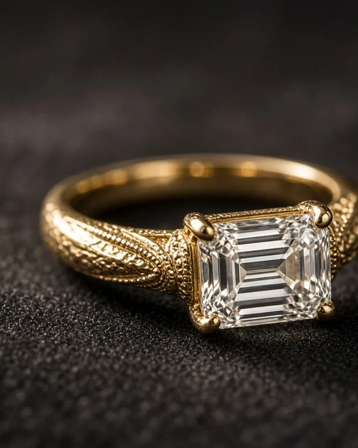 Anello Meridian in oro giallo con diamante taglio smeraldo