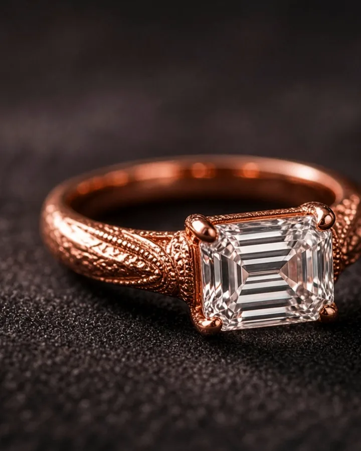 Anello Meridian in oro rosa con diamante taglio smeraldo