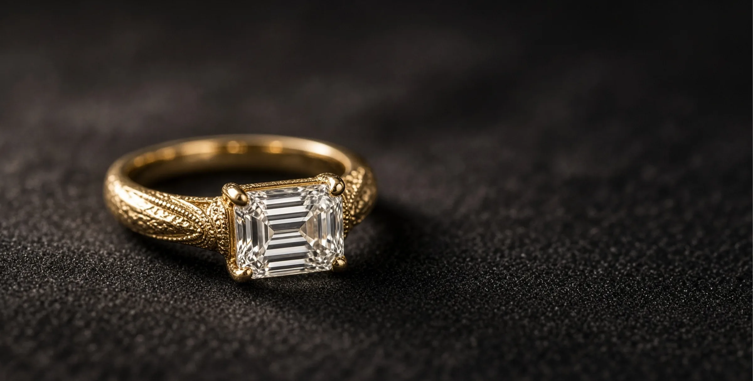 Anello Meridian in oro giallo con diamante taglio smeraldo, in controluce su velluto scuro
