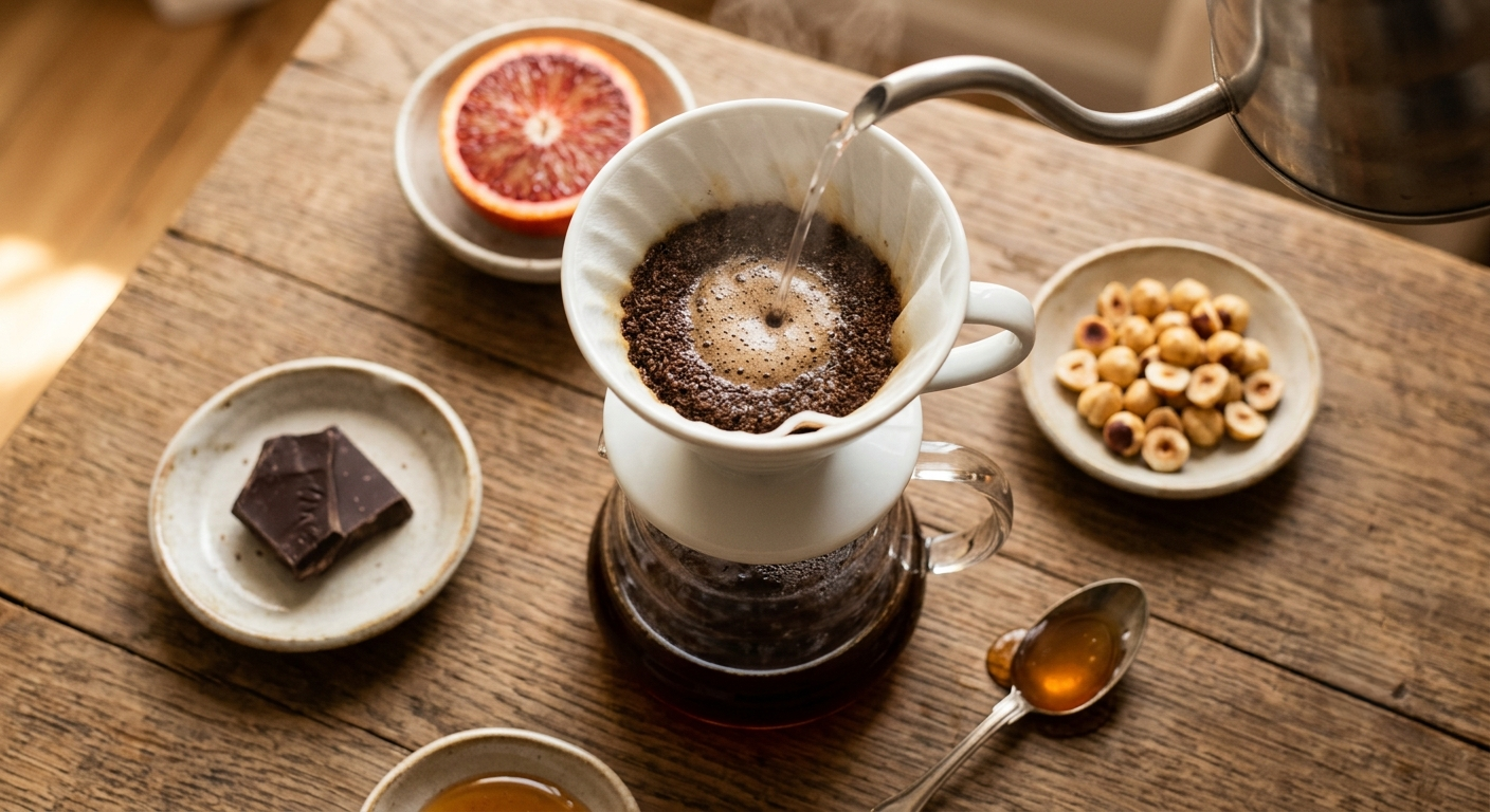 Estrazione a filtro con arancia rossa, cioccolato, nocciole e miele accanto
