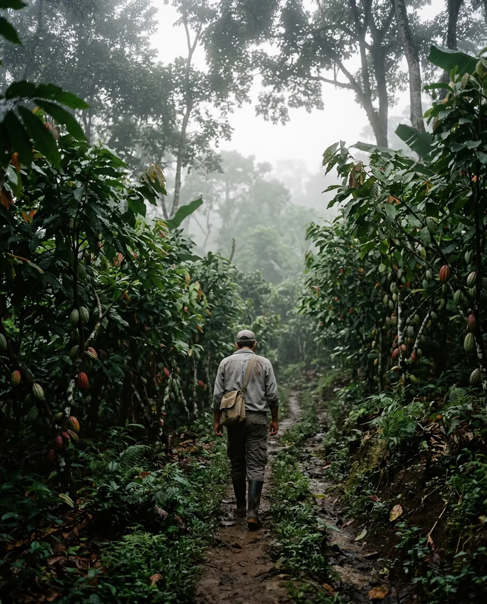 Sentiero fra gli alberi di cacao in una mattina di nebbia sulle alture del Guatemala.