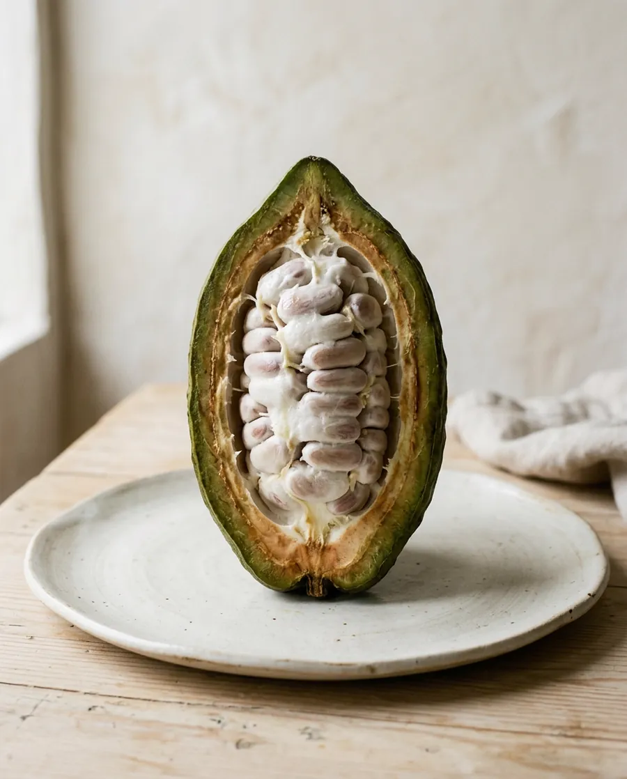 Cabossa di cacao tagliata in sezione su un piatto di ceramica chiara, semi e mucillagine visibili.