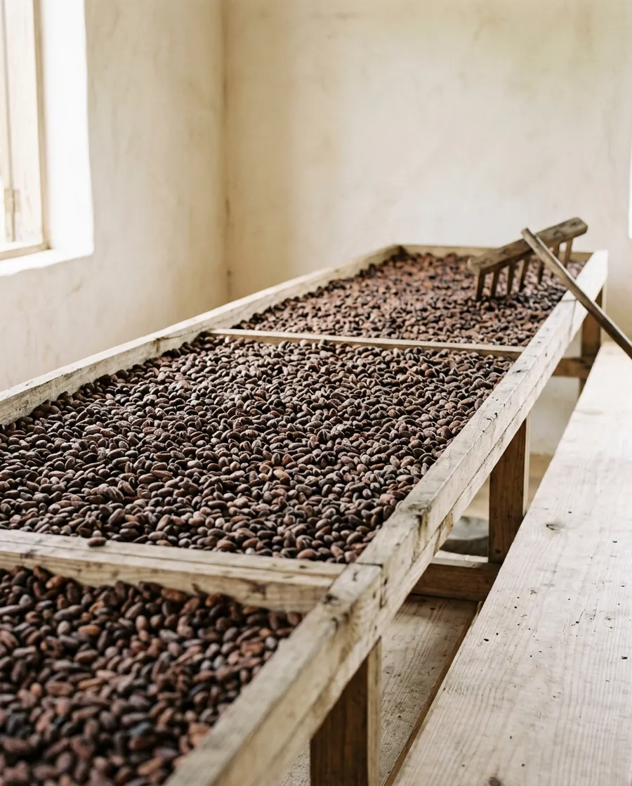 Fave di cacao stese sui graticci per l'essiccazione al sole.