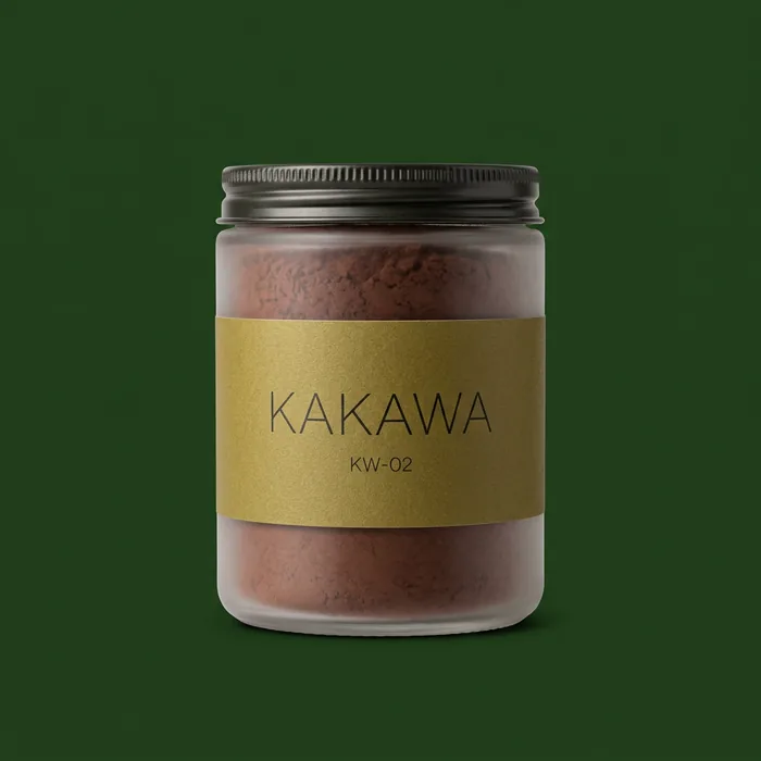 Barattolo KAKAWA KW-02 con etichetta oro oliva, cardamomo verde e cannella accanto.