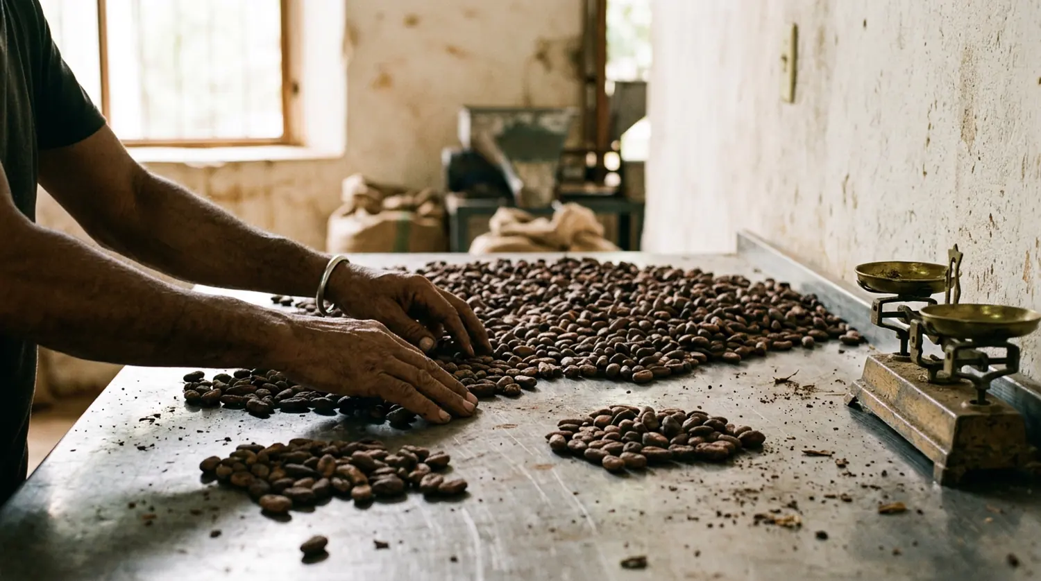 Due mani selezionano fave di cacao su un banco di acciaio.