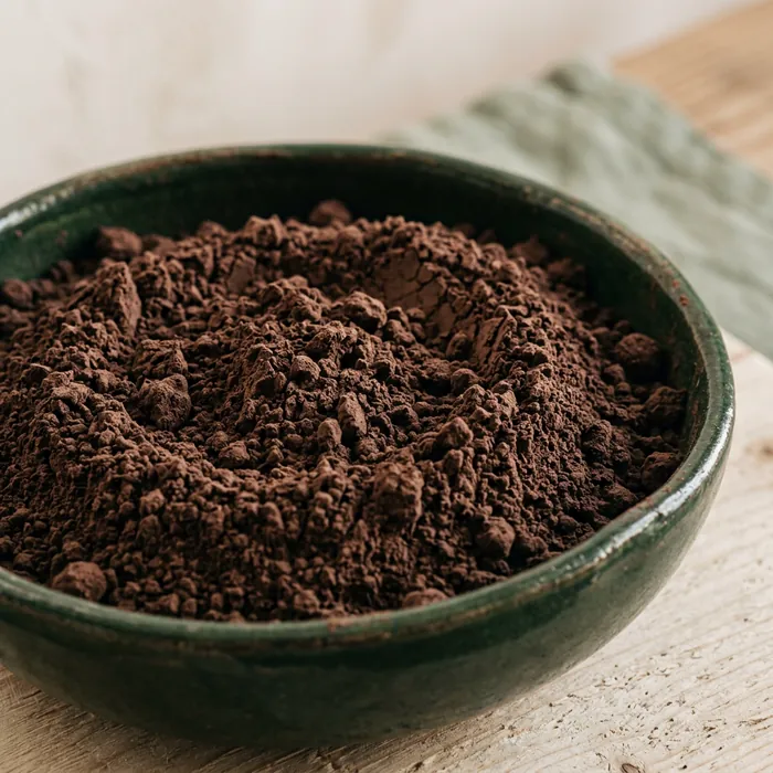 Macro della superficie del cacao in polvere in una ciotola di ceramica verde.