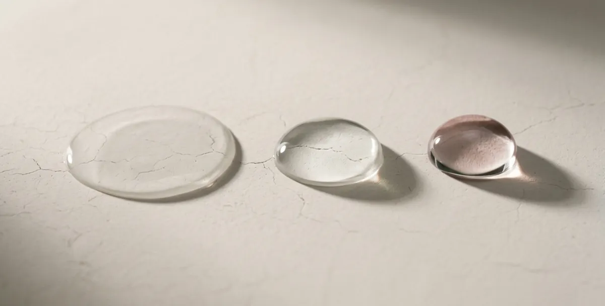 Tre gocce di gel trasparente di altezza diversa su un fondo di intonaco chiaro