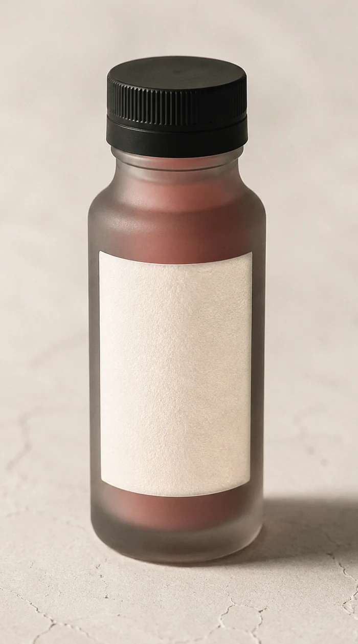 Il flacone da 30 ml: vetro smerigliato, siero rosato, tappo a vite scuro