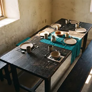 Tavolo lungo apparecchiato per una cena in comune