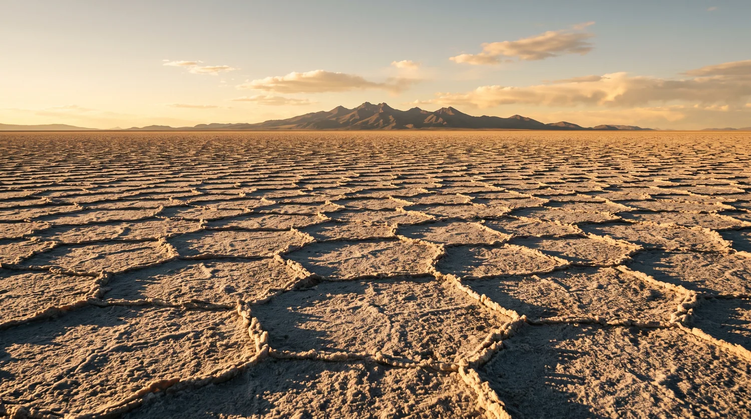 Il salar asciutto, a esagoni di sale, con la cresta sul fondo
