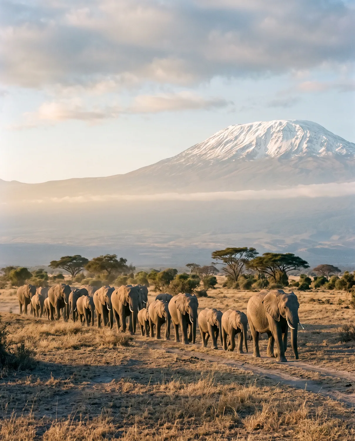 Amboseli all'alba, con il Kilimangiaro — che è tanzaniano — a tenere tutto il fondo
