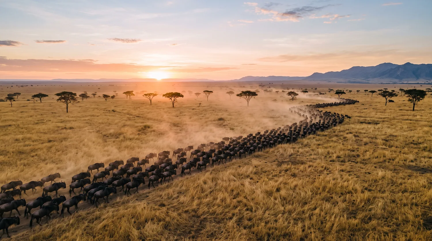 Una colonna di gnu nella savana all'alba