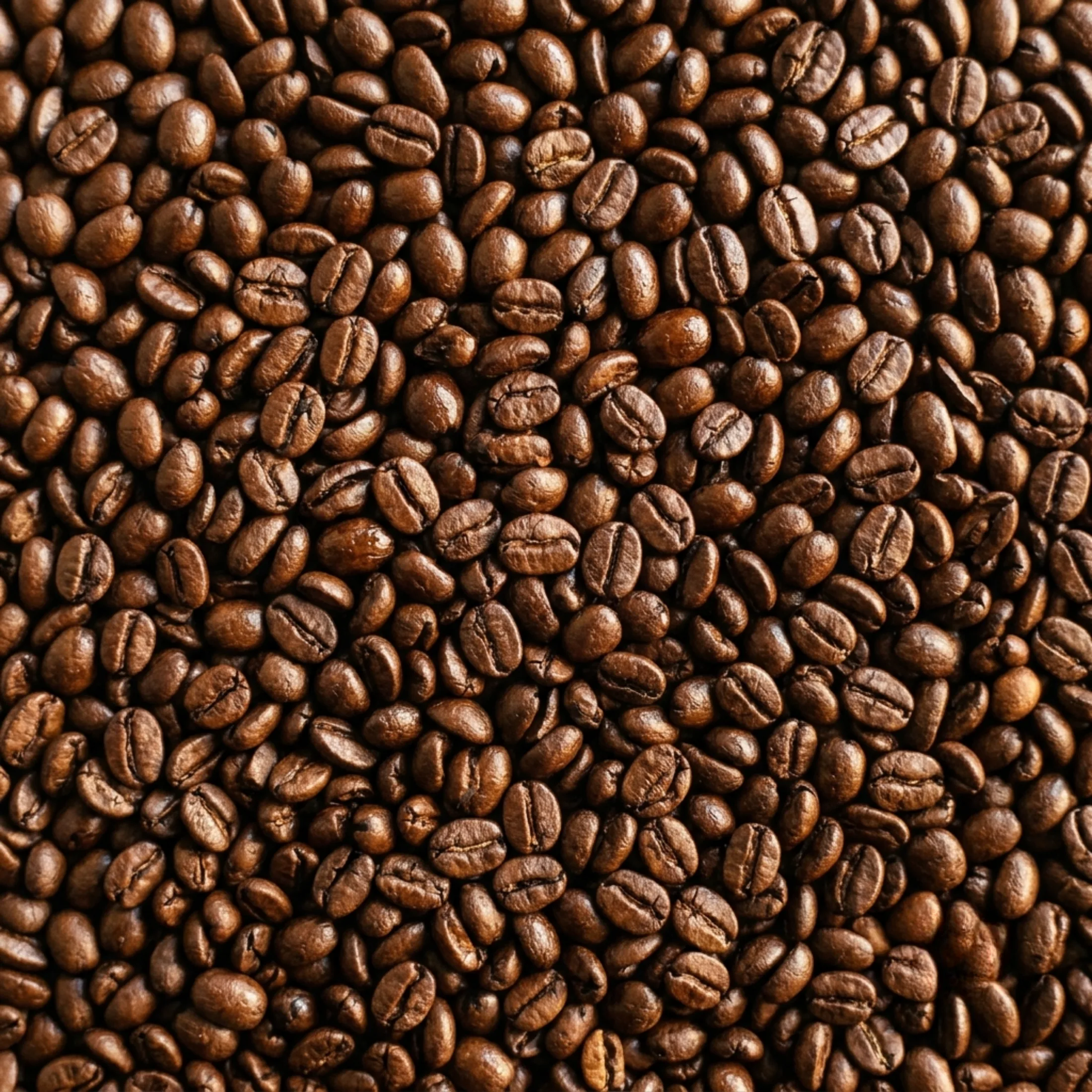 Chicchi di caffè appena tostati, macro dall'alto