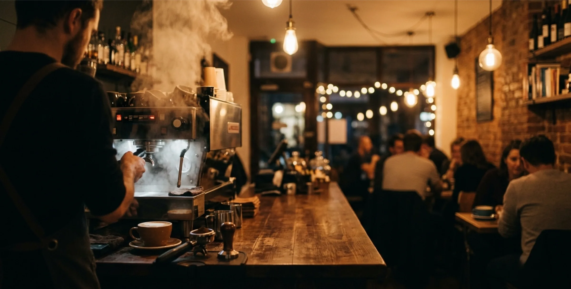 Banco bar di TOSTA con macchina espresso in funzione e sala clienti sullo sfondo
