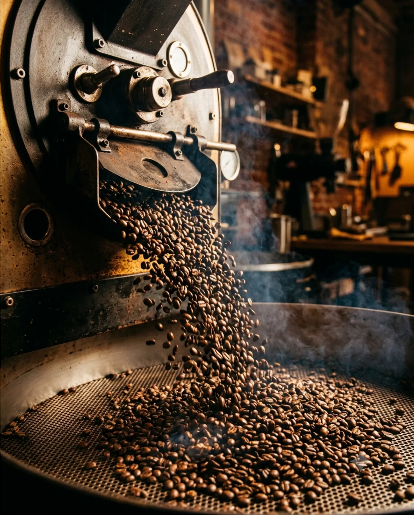 Chicchi di caffè appena tostati versati dalla tostatrice, fumanti