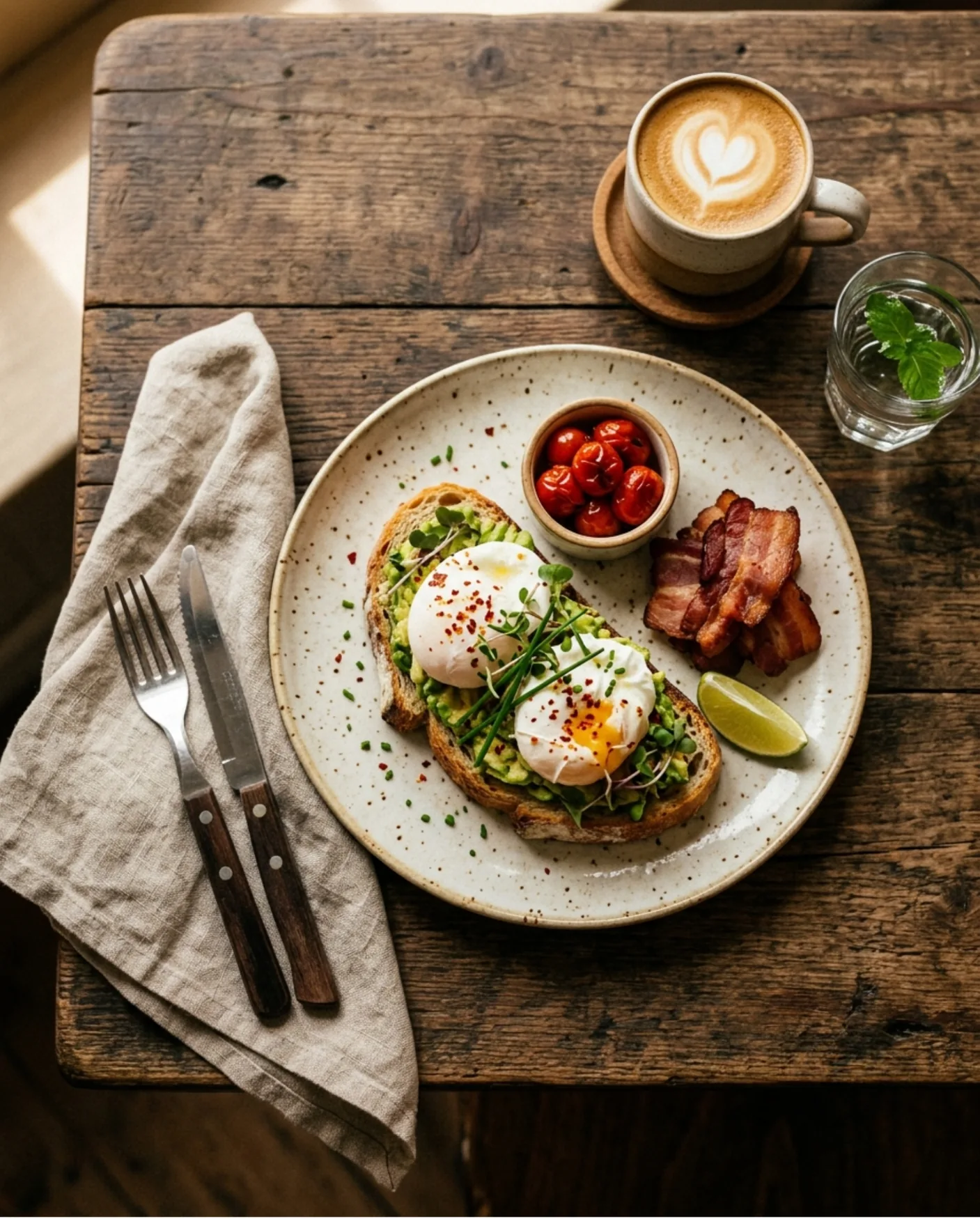 Toast all'avocado con uova in camicia, bacon e pomodorini, servito su tavolo in legno