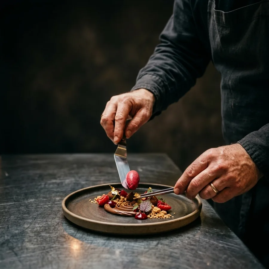 Impiattamento di un dolce al cioccolato con frutti di bosco