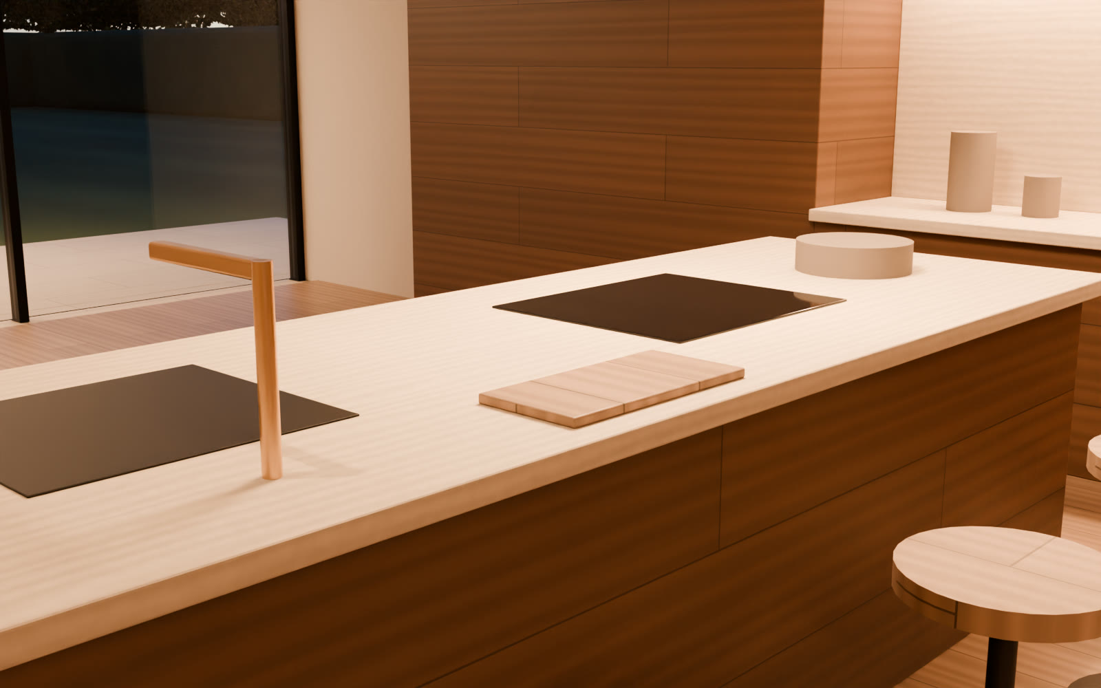 Isola della cucina in travertino con piano a induzione, lavello e rubinetto in ottone