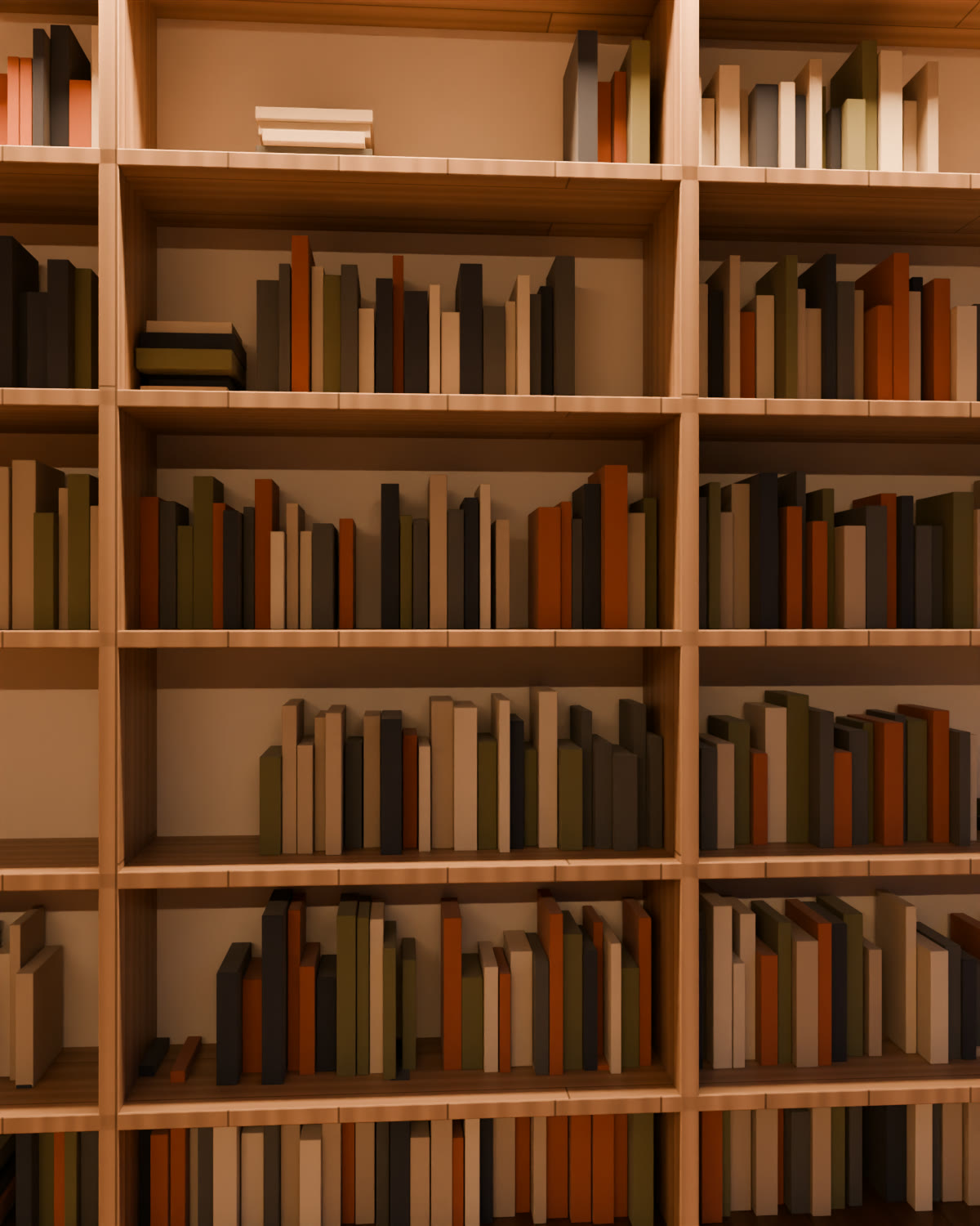 Libreria in rovere piena di libri rilegati in tela