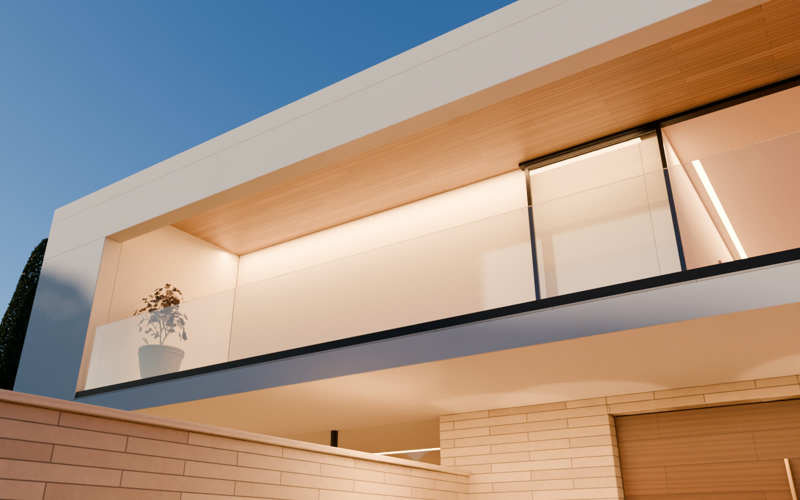 Lo sbalzo bianco con la loggia illuminata, soffitto in rovere e parapetto in vetro