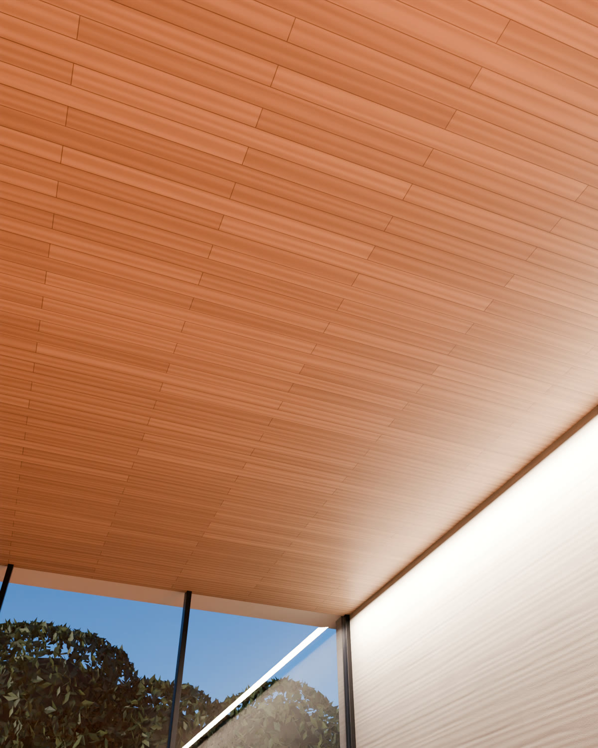 Soffitto in doghe di rovere del living visto dal basso, con la striscia di luce nascosta