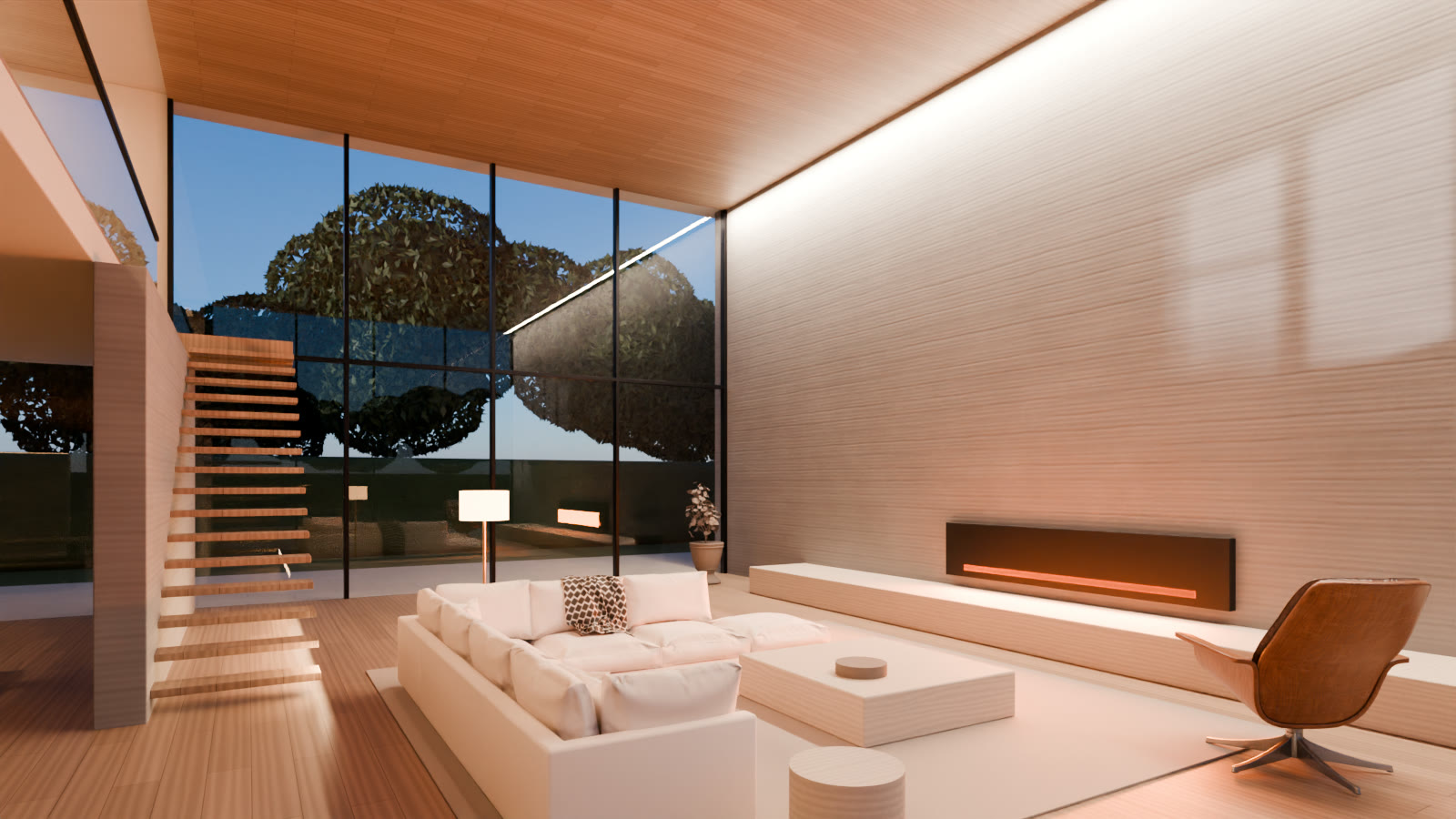 Living a doppia altezza nel render finale: soffitto in rovere, cemento a casseri, camino acceso