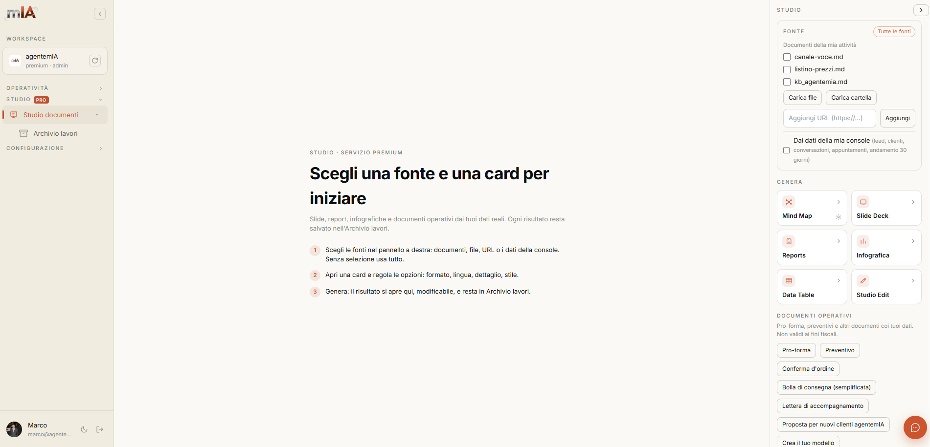 Console agentemIA — Studio documenti generati dai dati