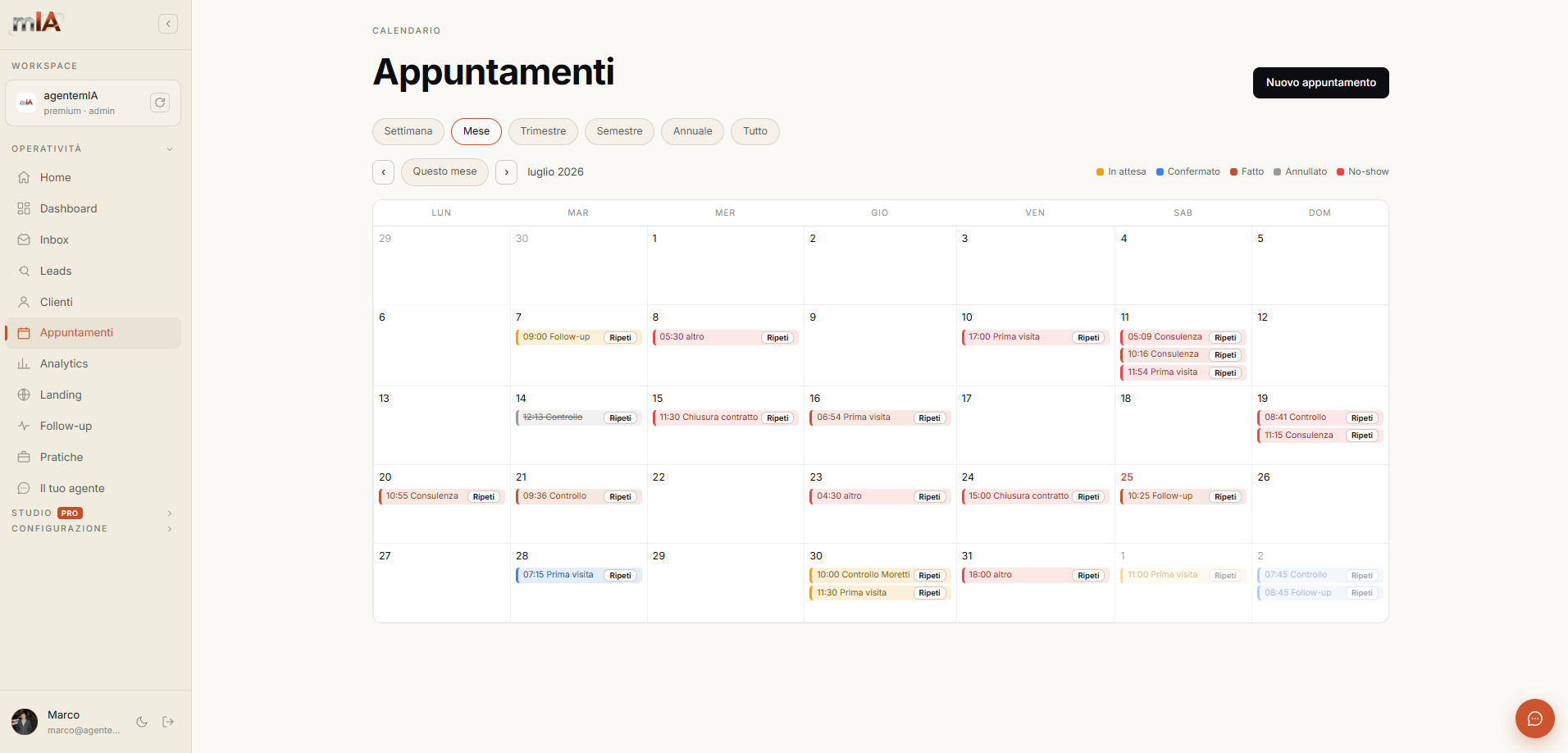 Console agentemIA — Calendario appuntamenti mensile