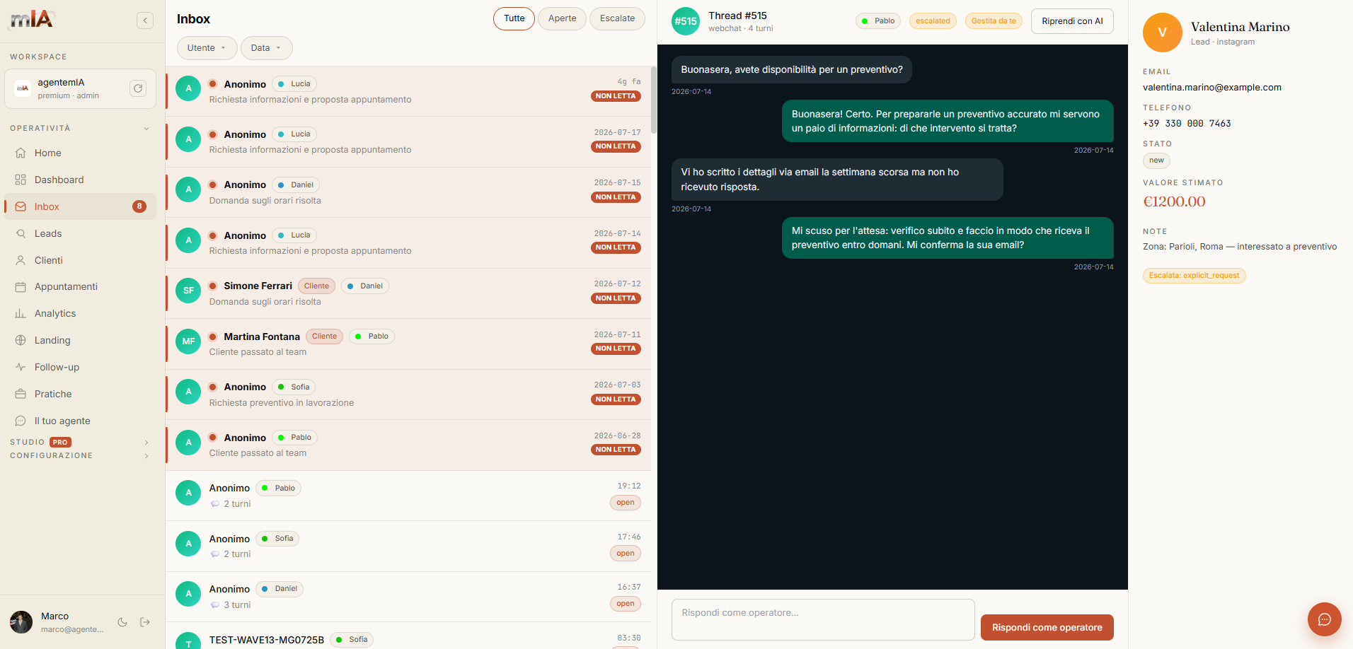 Console agentemIA — Inbox unica con conversazione live