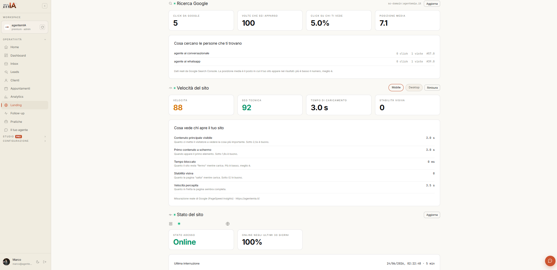 Console agentemIA — Performance del sito e SEO
